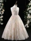 Chic / Beautiful Champagne Beading Sequins Lace Flower Birthday Flower Girl Dresses 2024 A-Line / Princess High Neck Sleeveless Floor-Length / Long