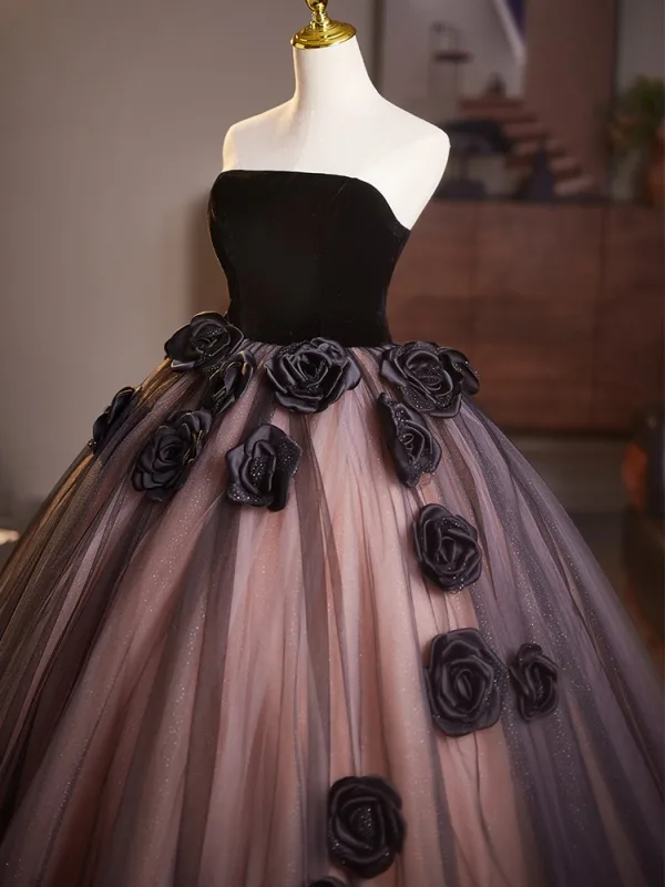 Elegant Quinceañera Black Appliques Prom Dresses 2025 Ball Gown Strapless Sleeveless Backless Floor-Length / Long Prom Formal Dresses