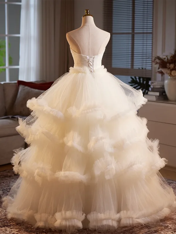 Chic / Belle Champagne Volants en Cascade Robe De Bal 2025 Robe Boule Bustier Sans Manches Dos Nu Longue Robe De Ceremonie