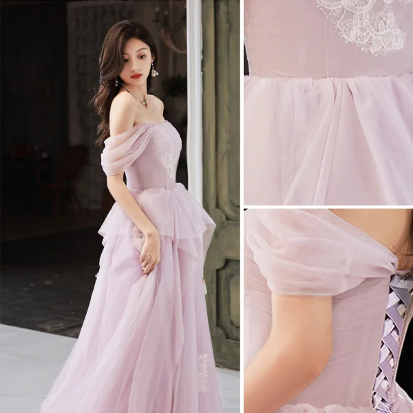 Modest / Simple Lavender Lace Flower Prom Dresses A-Line / Princess 2023 Off-The-Shoulder Sleeveless Backless Floor-Length / Long Tulle Prom Formal Dresses