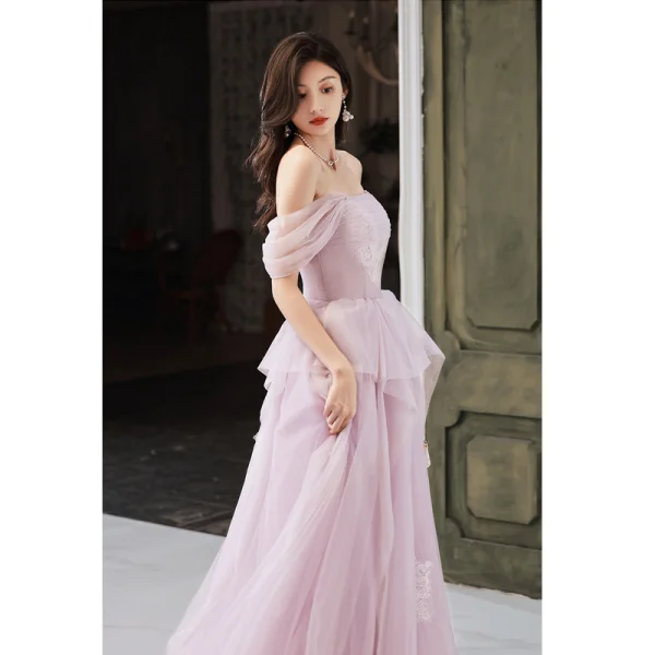 Modest / Simple Lavender Lace Flower Prom Dresses A-Line / Princess 2023 Off-The-Shoulder Sleeveless Backless Floor-Length / Long Tulle Prom Formal Dresses