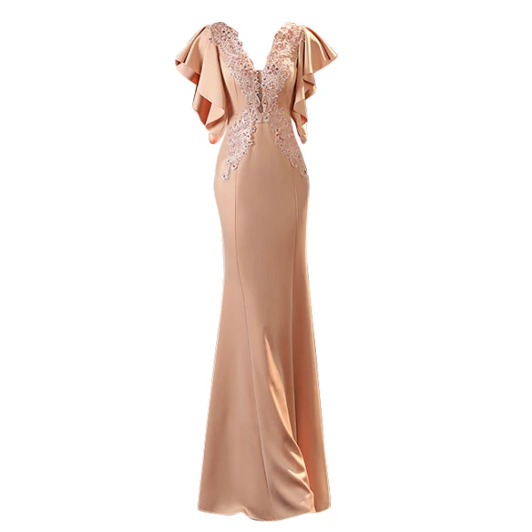 Charmant Nues En Dentelle Fleur Robe De Soirée 2022 Satin Trompette / Sirène V-Cou Perlage Faux Diamant Paillettes Manches Courtes Dos Nu Longue Soirée Robe De Ceremonie