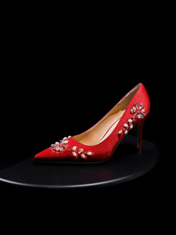Chic / Belle Rouge Satin Promo Cristal Escarpins 2026 6 cm Talons Aiguilles À Bout Pointu Talons Hauts
