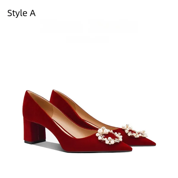 Chinese style Red Pearl Rhinestone Wedding Shoes 2026 5 cm Thick Heels Pointed Toe Wedding Pumps