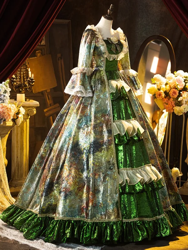 Vintage / Retro Medieval Green Glitter Bow Cosplay Lolita Prom Dresses 2024 Ball Gown Square Neckline Bell sleeves Backless Floor-Length / Long Formal Dresses