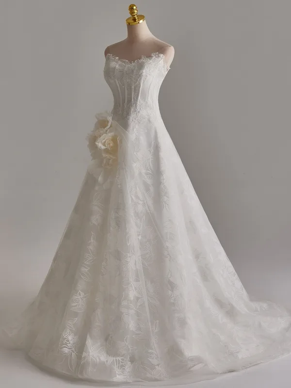 Elegante Leichtes Weiß Spitze Blumen Applikationen Brautkleider / Hochzeitskleider 2025 A Linie Bandeau Ärmellos Rückenfreies Sweep / Pinsel Zug Hochzeit