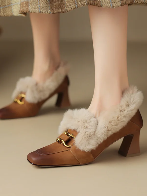 Vintage / Retro Black Street Wear Pumps 2024 Leather 6 cm Block Heels Pointed Toe Womens Shoes High Heels