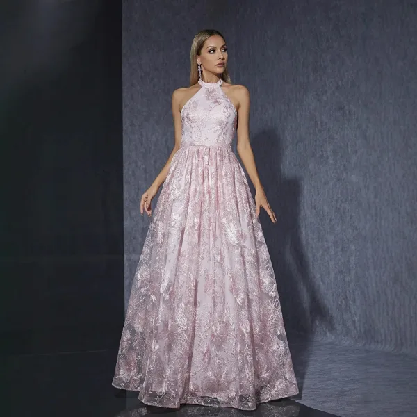 Chic / Beautiful Blushing Pink Lace Flower Prom Dresses 2025 A-Line / Princess High Neck Sleeveless Floor-Length / Long Formal Dresses