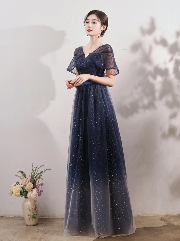 Vintage / Retro Navy Blue Beading Star Sequins Prom Dresses 2024 A-Line / Princess V-Neck Short Sleeve Backless Floor-Length / Long Prom Formal Dresses