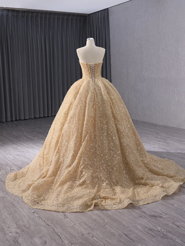 High-end Bling Bling Gold Beading Sequins Pearl Prom Dresses 2024 Ball Gown Strapless Sleeveless Backless Sweep Train Prom Formal Dresses
