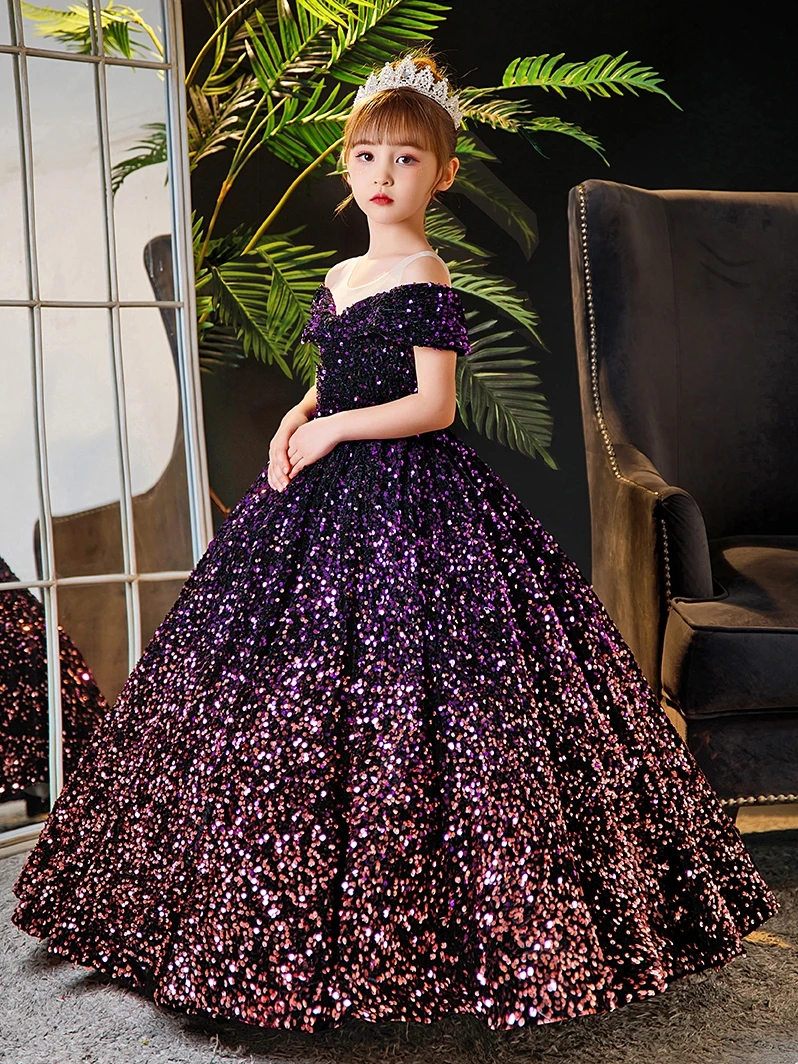 open lace back dress Princess Purple Birthday Dress for Girls: Luxurious Long-Sleeved Piano Performance Attire, Perfect for Spring Celebrations 120 (5-7Y) / Purple