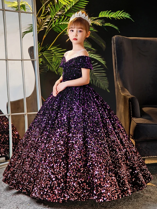 Sparkly Purple Sequins Birthday Flower Girl Dresses 2024 Ball Gown Scoop Neck Short Sleeve Backless Floor-Length / Long