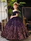 Sparkly Purple Sequins Birthday Flower Girl Dresses 2024 Ball Gown Scoop Neck Short Sleeve Backless Floor-Length / Long