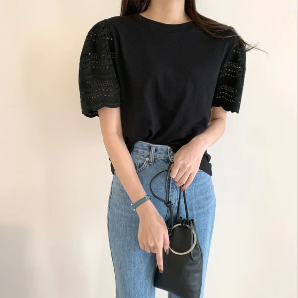White Pierced Solid Color Cotton Scoop Neck Street Wear Summer Short Sleeve Fashion 2021 Women's Tops