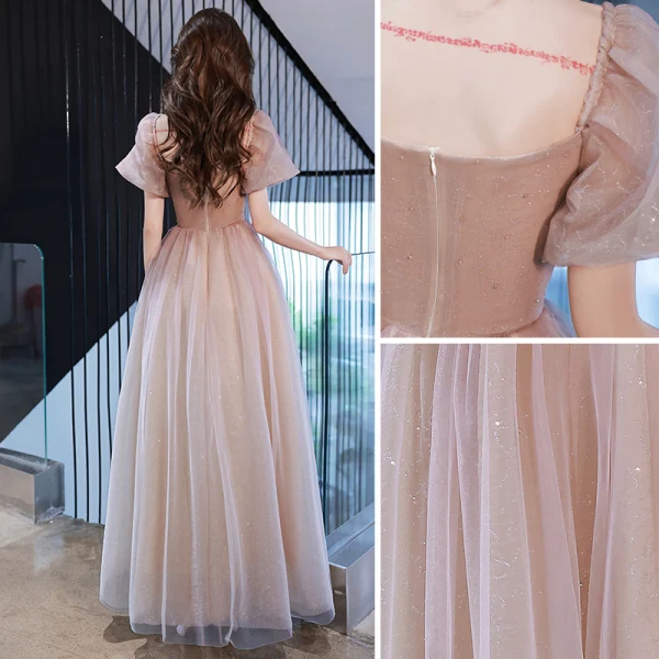 Chic / Beautiful Purple Gradient-Color Rhinestone Prom Dresses 2022 A-Line / Princess Square Neckline Puffy Short Sleeve Backless Floor-Length / Long Prom Formal Dresses