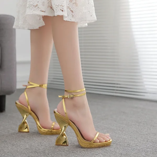 Sexy Doré Cocktail Soirée Sandales Femme 2022 Bride Cheville 11 cm Talons Aiguilles Peep Toes / Bout Ouvert Sandales Talons Hauts
