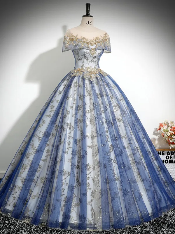 Vintage / Retro Sky Blue Beading Sequins Lace Flower Prom Dresses 2024 Ball Gown Scoop Neck Short Sleeve Backless Floor-Length / Long Prom Formal Dresses