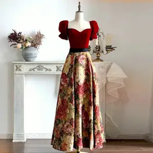 Elegante Vintage Burgunderrot Stickerei Wildleder Ballkleider 2022 A Linie Eckiger Ausschnitt Kurze Ärmel Rückenfreies Stoffgürtel Lange Ball Festliche Kleider