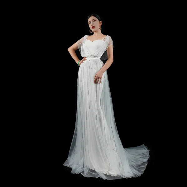 Haut de Gamme Charmant Noire Faux Diamant Robe De Soirée 2023 Princesse Encolure Carrée Manches Courtes Dos Nu Soirée Train De Balayage Robe De Ceremonie