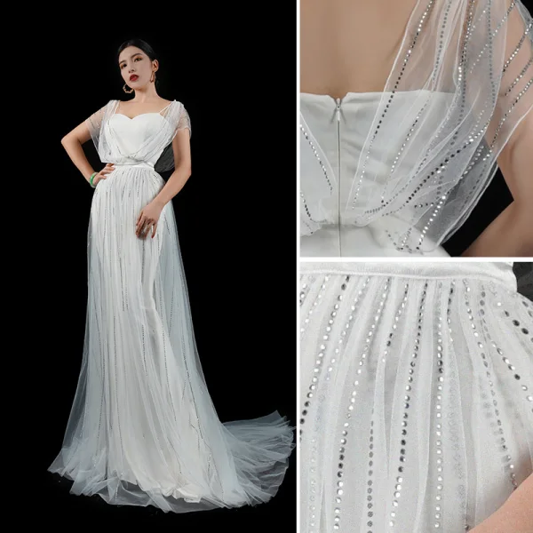 Haut de Gamme Charmant Noire Faux Diamant Robe De Soirée 2023 Princesse Encolure Carrée Manches Courtes Dos Nu Soirée Train De Balayage Robe De Ceremonie