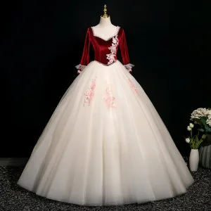 Elegant Burgundy Beading Sequins Lace Flower Appliques Prom Dresses 2025 Ball Gown Square Neckline 3 4 Sleeve Backless Floor Length Long Formal Dresses