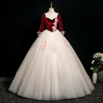 Élégant Bordeaux Perlage Paillettes En Dentelle Fleur Appliques Robe De Bal 2025 Robe Boule Encolure Carrée 3 4 Manches Dos Nu Longue Robe De Ceremonie