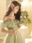 Chic / Beautiful Sage Green Bow Sash Prom Dresses 2024 A-Line / Princess Ruffle Off-The-Shoulder Short Sleeve Backless Floor-Length / Long Prom Formal Dresses