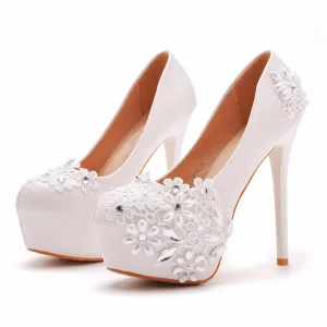 Sexy White Pearl Rhinestone Lace Flower Wedding Shoes 2023 14 Cm Stiletto Heels Round Toe Wedding Pumps High Heels
