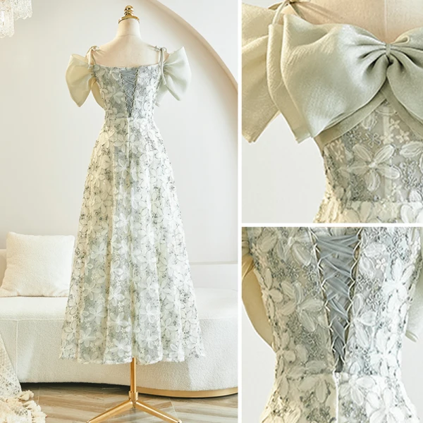Chic / Beautiful Sage Green Flower Bridesmaid Dresses 2023 A-Line / Princess Puffy Short Sleeve Backless Tea-length Bridesmaid Dresses