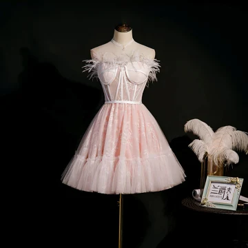 Sexy Blushing Pink Birthday Short Party Dresses 2022 A Line Princess Strapless Feather Sleeveless Backless Sash Formal Dresses