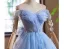 Chic / Beautiful Sky Blue Glitter Pearl Appliques Graduation Dresses 2024 Ball Gown Off-The-Shoulder Short Sleeve Backless Tea-length Sweet 16 Homecoming