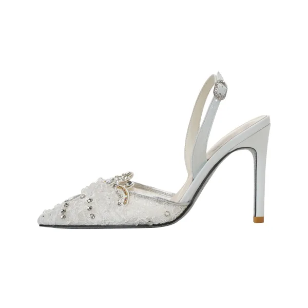 Charming Beige Lace Rhinestone Evening Party Womens Sandals 2024 Leather 10 cm Stiletto Heels Pointed Toe High Heels