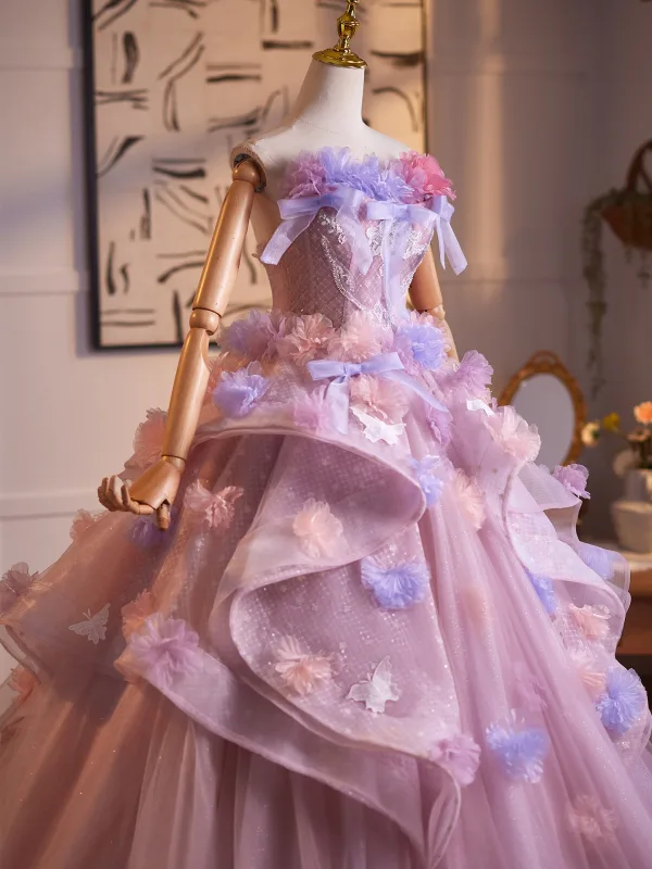 Blumenfee High End Rosa Spitze Schmetterling Applikationen Pailletten Ballkleider 2026 Ballkleid Eckiger Ausschnitt Ärmellos Rückenfreies Lange Festliche Kleider