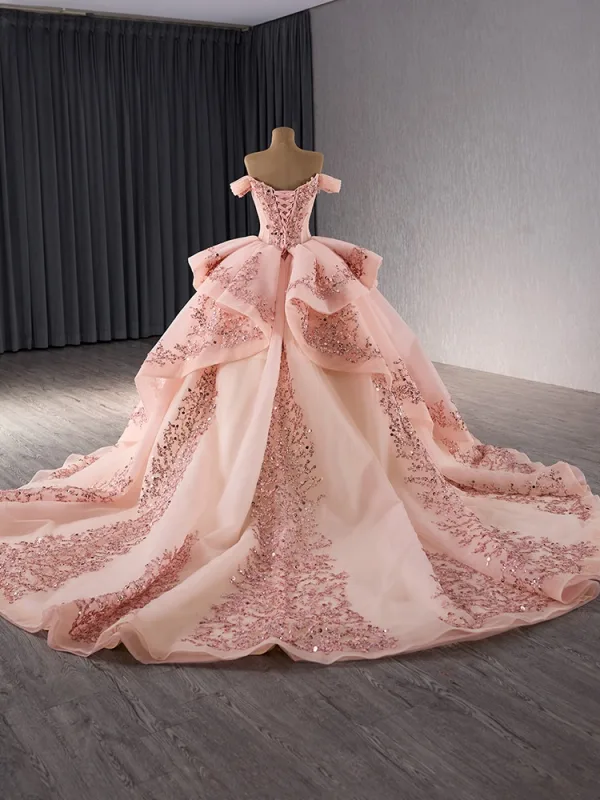 Luxury / Gorgeous Blushing Pink Beading Sequins Cascading Ruffles Prom Dresses Ball Gown 2024 Off-The-Shoulder Sleeveless Backless Chapel Train Prom Formal Dresses