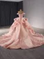 Luxury / Gorgeous Blushing Pink Beading Sequins Cascading Ruffles Prom Dresses Ball Gown 2024 Off-The-Shoulder Sleeveless Backless Chapel Train Prom Formal Dresses