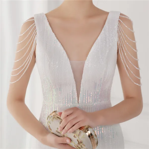 Scintillantes Blanche Paillettes Robe De Soirée 2022 Trompette / Sirène V-Cou Perlage Gland Sans Manches Dos Nu Longue Soirée Robe De Ceremonie