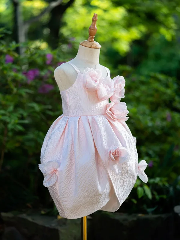 Chic / Beautiful Blushing Pink Appliques Birthday Flower Girl Dresses 2024 Spaghetti Straps Sleeveless Backless Short