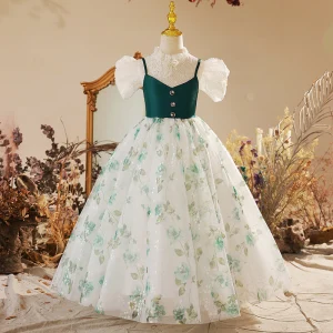 Chic Belle Vert Foncé Floral Promo Robe Ceremonie Fille 2022 Robe Boule Col Haut Perlage Perle En Dentelle Fleur Gonflée Manches Courtes Longue Robe Ceremonie Fille