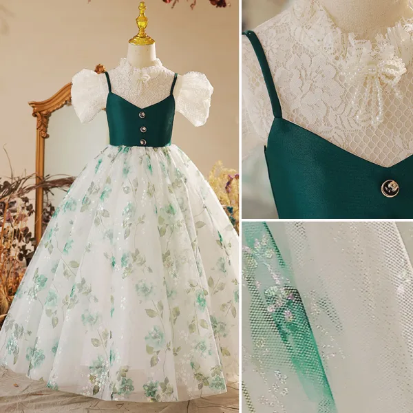 Chic / Belle Vert Foncé Floral Promo Robe Ceremonie Fille 2022 Robe Boule Col Haut Perlage Perle En Dentelle Fleur Gonflée Manches Courtes Longue Robe Ceremonie Fille