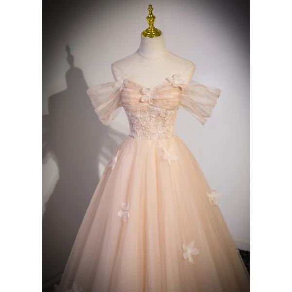 Mode Champagne Appliques Paillettes Robe De Bal 2023 Princesse De l'épaule Manches Courtes Dos Nu Longue Robe De Ceremonie