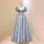 Chic / Belle Bleu Ciel Paillettes Robe De Bal 2023 Princesse Encolure Carrée Gonflée Manches Courtes Dos Nu Noeud Longue Promo Robe De Ceremonie