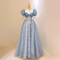 Hermoso Azul Cielo Lentejuelas Vestidos de gala 2023 A-Line / Princess Escote Cuadrado Hinchado Manga Corta Sin Espalda Bowknot Largos Gala Vestidos Formales