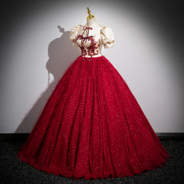 Vintage Retro Chinese style Burgundy Beading Lace Flower Prom Dresses 2023 Ball Gown Bow Vintage Retro Chinese style Burgundy Beading Lace Flower Prom Dresses 2023 Ball Gown Bow