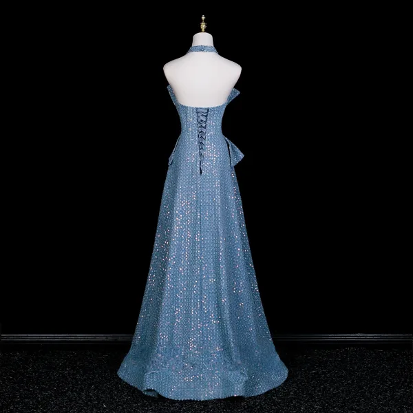 Scintillantes Bleu Ciel Paillettes Soirée Robe De Fete 2025 Princesse Noeud Bustier Sans Manches Dos Nu Longue Robe De Ceremonie