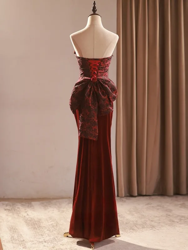 Sexy Burgundy Printing Evening Dresses 2026 Trumpet / Mermaid Strapless Sleeveless Backless Bow Floor-Length / Long Formal Dresses