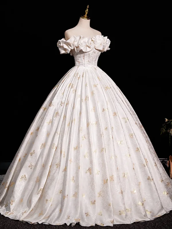 Elegante Ivory / Creme Perle Stickerei Ballkleider 2025 Ballkleid Off Shoulder Kurze Ärmel Rückenfreies Lange Ball Festliche Kleider