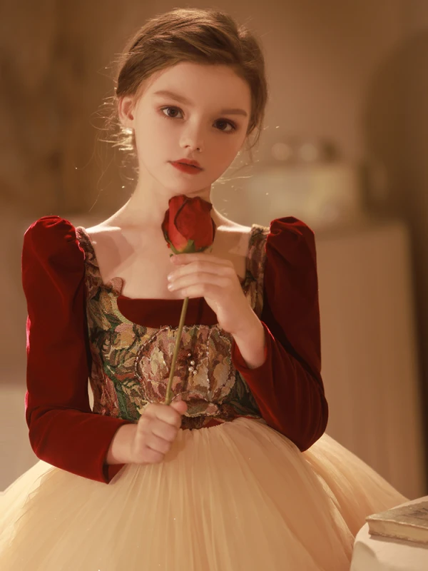 Chic / Beautiful Burgundy Printing Birthday Flower Girl Dresses 2024 Ball Gown Square Neckline Long Sleeve Backless Tea-length