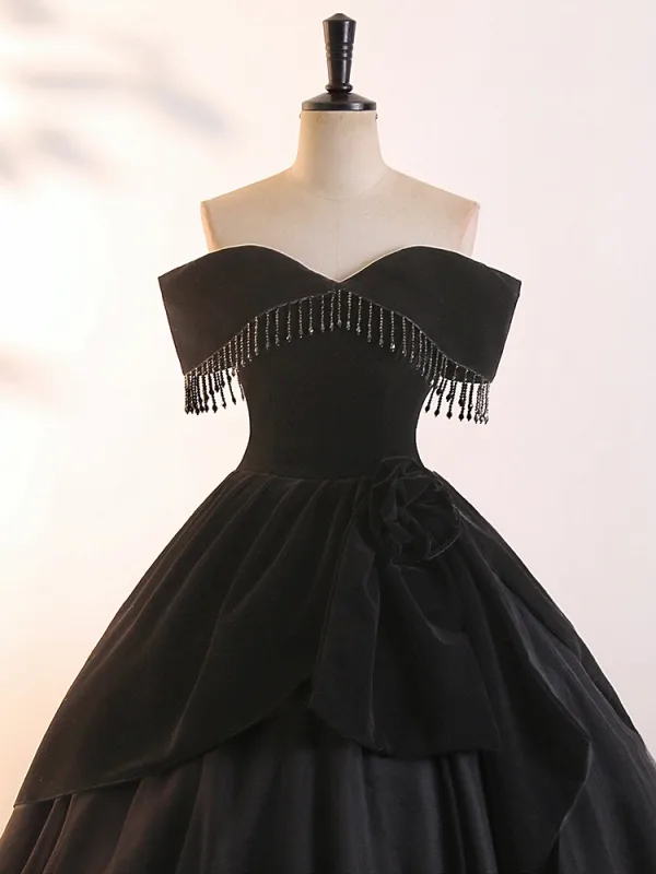 Demure Black Beading Tassel Prom Dresses 2025 Ball Gown Off-The-Shoulder Sleeveless Backless Floor-Length / Long Prom Formal Dresses