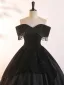 Demure Black Beading Tassel Prom Dresses 2025 Ball Gown Off-The-Shoulder Sleeveless Backless Floor-Length / Long Prom Formal Dresses
