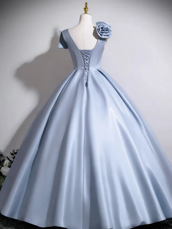 Elegant Sky Blue Appliques Satin Prom Dresses 2026 Ball Gown Scoop Neck Short Sleeve Backless Floor-Length / Long Formal Dresses